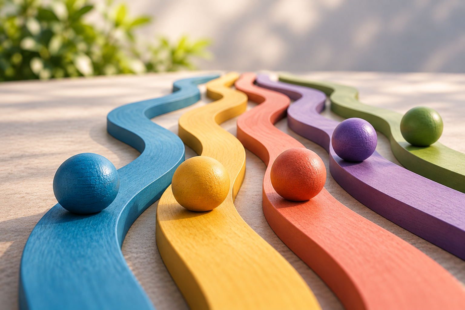 Colourful winding wooden tracks with rolling balls, symbolising diverse individual pathways