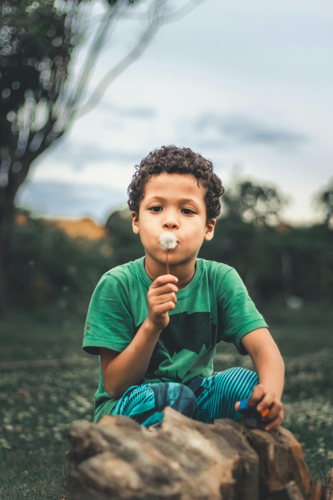 A young child in a green shirt gently blowing a dandelion outdoors