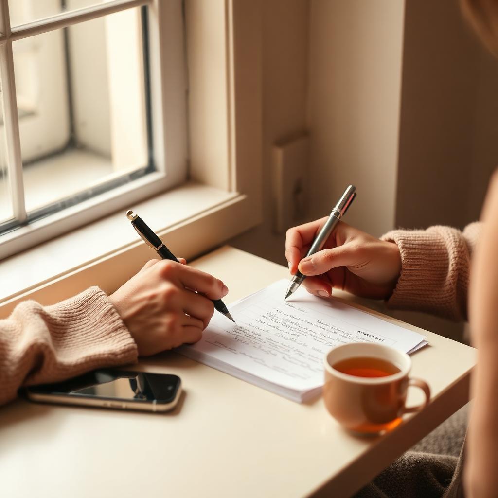 Two people writing notes at a warm cream desk beside a phone and cup of tea