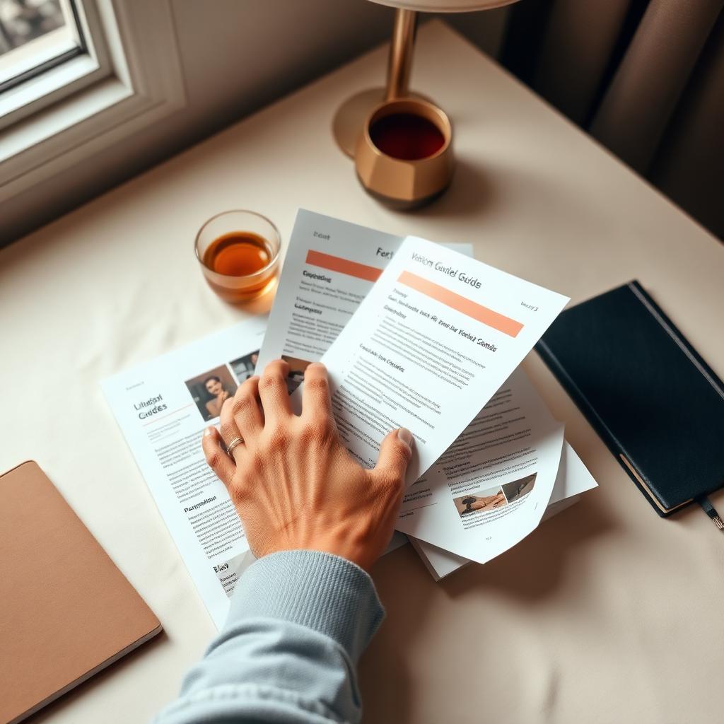 Hands leafing through printed guides and fact sheets on a warm cream desk